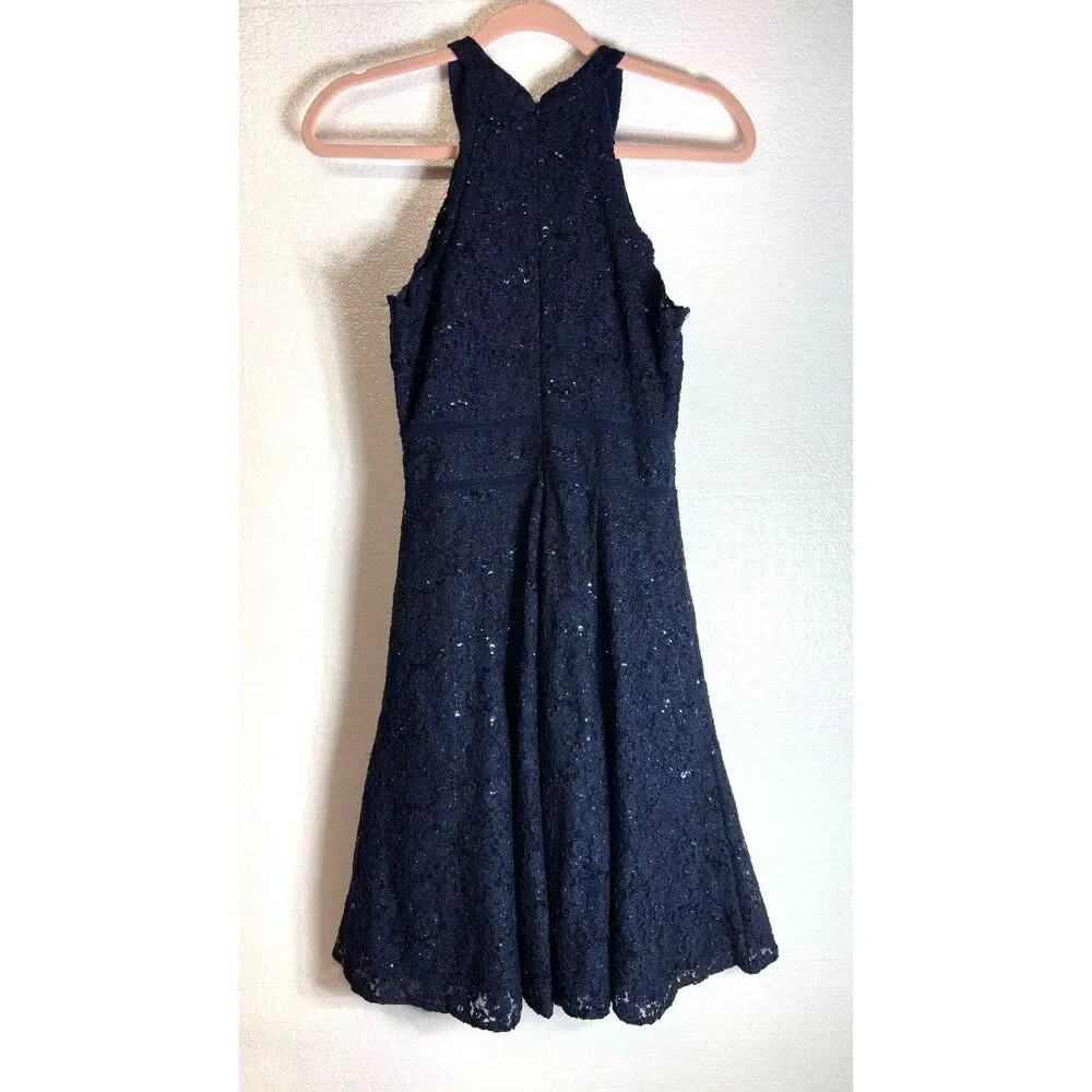 Morgan & Co. Navy Blue Sequin Lace Halter Dress Lined Size 7/8